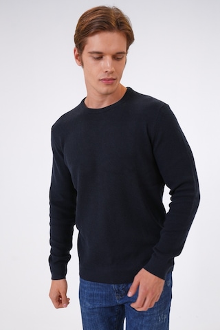 Siyah Regular Fit Jakarlı Pamuklu Bisiklet Yaka Triko-lacivert Lacivert