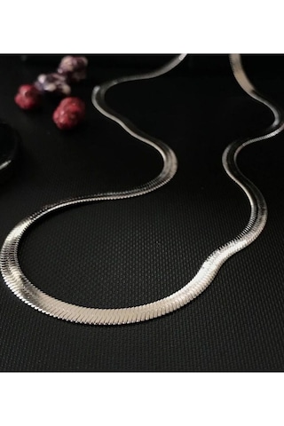 İtalyan Zincir Kolye Yassı Balıksırtı Model Kararmaz Çelik Kolye Gümüş 42+5 Cm Silver