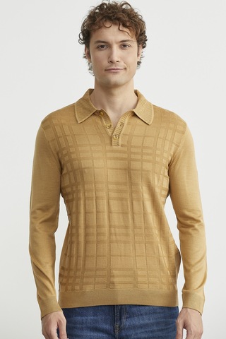 Sementa Polo Yaka Ekose Motifli Triko Kazak - Kamel CAMEL