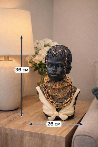 Afrikalı Kadın Büst Biblo 36 Cm Etnik Salon Dekorasyonu, Afrika Temalı Dekoratif Heykel, Konsol Ve Şömine Üstü Dekor Objesi
