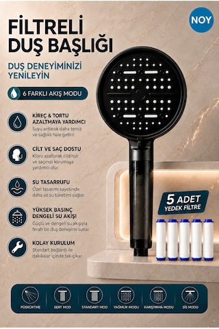 Duş Başlığı Seti Filtreli Duş Başlığı 6 Fonksiyonlu 5 Yedek Filtre Hediyeli Premium Serisi Siyah