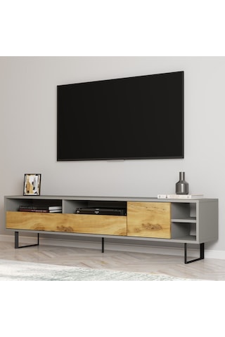 Luga Kapaklı Tv Ünitesi, Tv Sehpası - Metal Siyah Ayak - Gri/traverten - Sis Gri/kilim Sis Gri/kilim