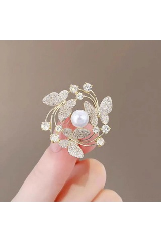 Monyee Kelebek Desenli İkiz Perl Yaka İğnesi - Kc Altın Kaplama, Zirve Eleganlığa Sahip Giyim Aksesuarı Çok Renkli