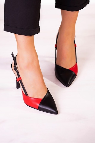 Erkan Saçmacı Sacha Siyah Kırmızı Arkası Açık İnce Topuklu Ayakkabı Siyah - Kırmızı
