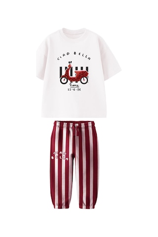 Kız Çocuk Scooter Üzeri Aplike Detaylı Tshirt Ve Çizgili Jogger Alt Üst Takım Bordo Beyaz Beyaz - Bordo
