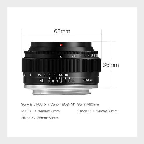 Ttartisan 50mm F2.0 Multi Mounts Lens Fuji X, Siyah