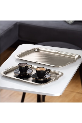 Porsima 3331 Paslanmaz Çelik Çay Kahve Sunum Tepsi Seti 2'li