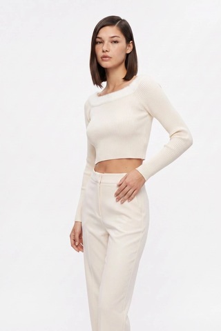 CEMO Yaka Kürk Detaylı Fitilli Crop Triko Bluz Ekru