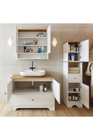 Oval Lavabolu Mat Beyaz Mdf 100 Cm Çekmeceli Banyo Dolabı Aria Atlantik Çam - Beyaz