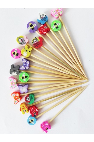 100 Adet Dekoratif Fimo Boncuklu Sevimli Karakterler Pasta Kürdanı 6,5 Cm Karışık Renk - Doğum Günü
