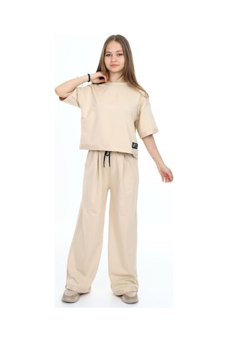 Kız Çocuk %100 Pamuk Oversize Yarım Kol Alt-üst Eşofman Takım-eşt-0012 Bej