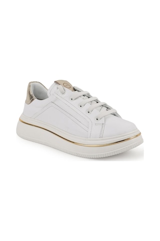 Mamma Mia Kadın Günlük Ayakkabı Hakiki Deri Kalın Platform Taban Gold Metalik Detaylı Bağcıklı Sneaker 26y-3885 Beyaz