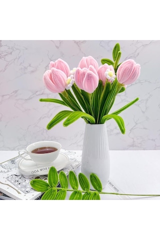 100 Adet Pembe Ve Koyu Yeşil Renkli Şönil , Çiçek Yapım Seti, Tüylü Tel, 30 Cm, Peluş Te