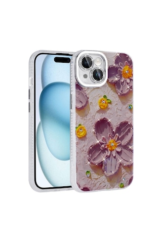 Zore Apple iPhone Uyumlu 14 Kılıf Çiçek Desenli Parlak Taşlı Sert Silikon Omsy Garden Kapak - Colorful