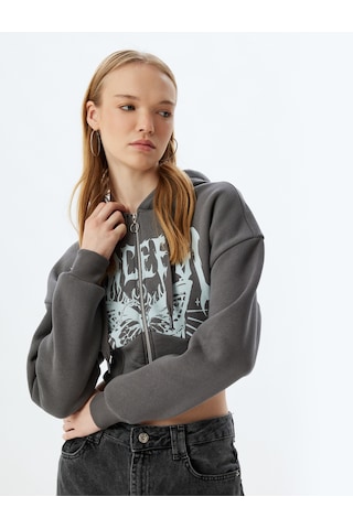 Koton Crop Sweatshirt Fermuarlı Kapüşonlu Korse Detaylı Baskılı Slim Fit Şardonlu Antrasit 5wal10124ık Antrasit