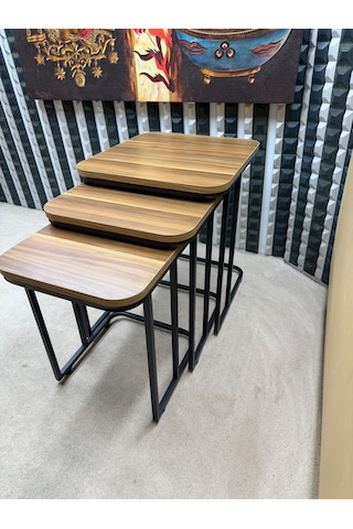 3 Lü Zigon Sehpa Seti Metal Ayaklı Ahşap Desen Tabla Modern Tasarım Amalfi Cevizi