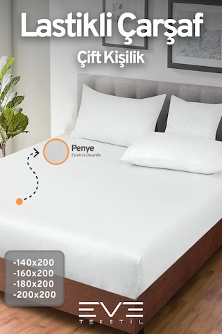 Eve Tekstil Fitted Yüksek Kaliteli Penye Kumaş Çift Kişilik Lastikli Çarşaf Beyaz
