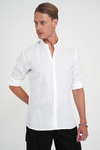 Comfort Fit Düğme Yaka Katlanır Kol %100 Keten Düz Beyaz Gömlek G 1595 Beyaz