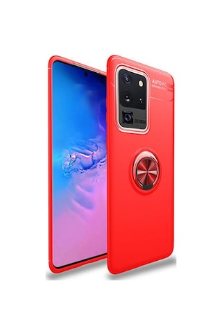 Samsung Galaxy Uyumlu S20 Ultra Kılıf Yüzüğü Stant Ve Araç Tutucu Olabilen Şık Esnek Premium Silikon Kapak Ryc/ravel Kirmizi