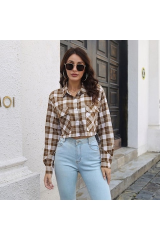 Gmxıa Kadın Modası Günlük Ekose Baskı Uzun Kollu Polo Yaka Bluzlar Ve Gömlekler Kahverengi