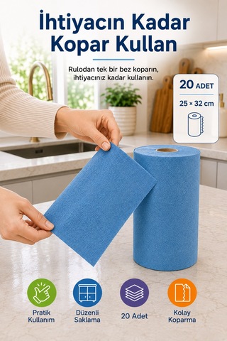 Kopar Kullan Mikrofiber Rulo Bez 20 Adet 25x32 Cm Islak Kuru Çok Amaçlı Temizlik Bezi Mutfak Banyo Mavi