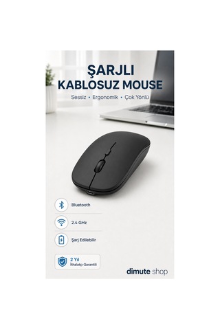 Şarjlı Bluetooth + 2.4ghz Kablosuz Mouse Laptop, Mac, Apple iPad Uyumlu Ve Android Tablet İçin Siyah - 744542242 Diğer