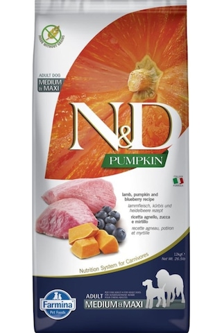 N&D Adult Bal Kabaklı Kuzu Etli ve Yaban Mersinli Tahılsız Orta ve Büyük Irk Yetişkin Köpek Maması 12 KG