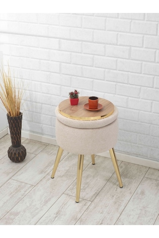 Bella Metal Ayaklı Puflu Teddy Kumaş Sehpa&puf Altın Beyaz Gold White