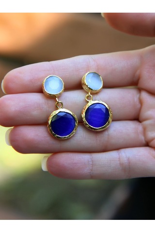 İkili Yuvarlak Modelli Kedigözü Cam Gold Kaplamalı Kadın Küpe Euku25bm Mavi