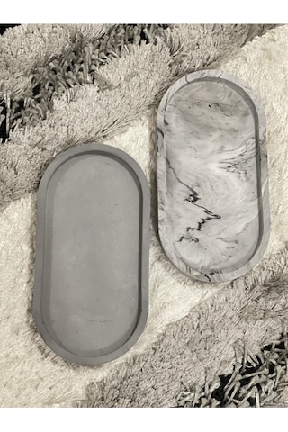 2'li Dekoratif Oval Sunumluk Seti, Dekoratif Biblo Takı Tabağı, Saksılık,tütsülük,mumluk - Gri-mermer Desenli