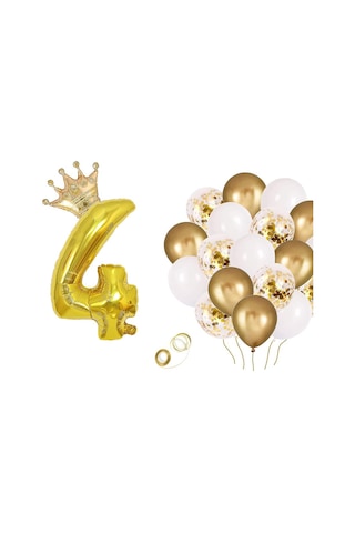 4 Rakam Gold Folyo Balon, Kral Tacı Ve Konfetili Gold Balon
