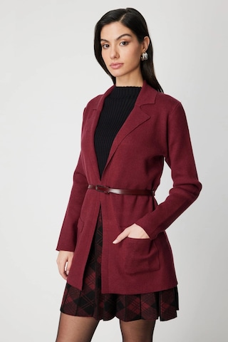 On Fashion Kadın Önü Açık Cepli Kemerli Bordo Hırka 69907 Bordo
