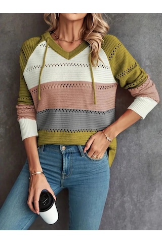 Kadın Uzun Kollu V Yakalı Bağcıklı Kapşonlu Triko Bluz Pembe