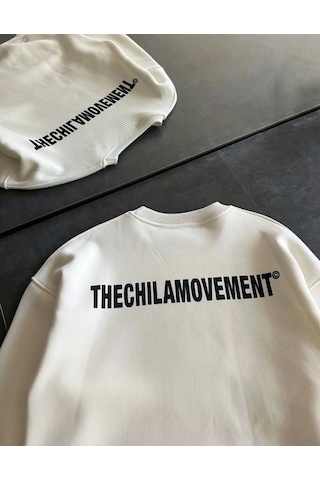 De'charme Kışlık Bisiklet Yaka Oversize Baskılı Sweatshirt - Beyaz