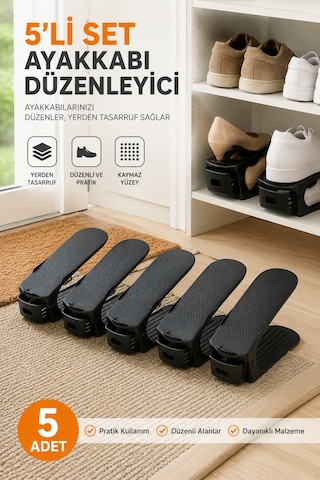Ayarlanabilir Ayakkabı Rampası 5'li Set Dolap İçi Ayakkabı Düzenleyici Organizer Siyah