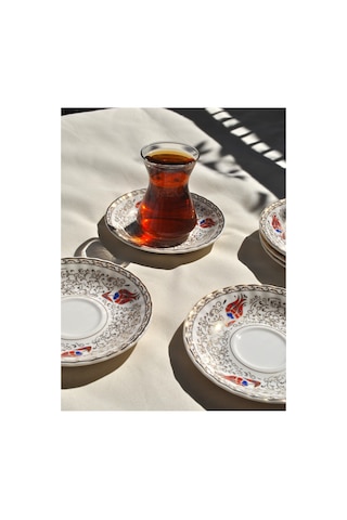 6'lı Porselen Çay Tabağı Altın İşlemeli Kırmızı Lale Gold 12 Cm Çay Tabak Seti -redlal Kırmızı Gold