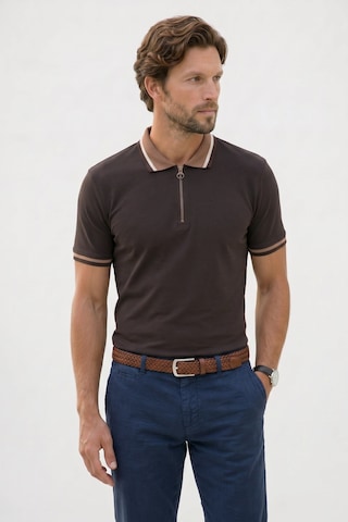 Tudors Erkek Slim Fit Dar Kesim %100 Pamuk Kısa Kollu Yarım Fermuarlı Kahverengi Polo Yaka Tişört-50746