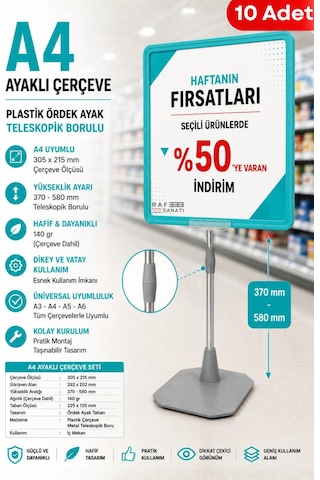 10 Adet - A4 Ayaklı Fiyat Etiketlik Teleskopik Borulu Çerçeve Etiketlik Yönlendirme Levhası Menü Panosu Turkuaz
