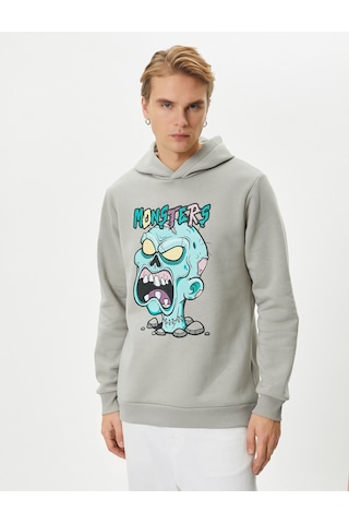 Koton Canavar Baskılı Hoodie Rahat Kesim Uzun Kollu Ribanalı Gri 4wam70430mk Gri
