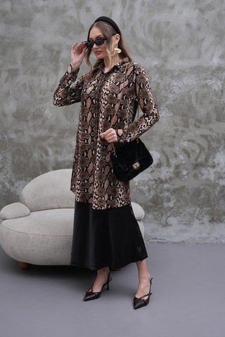 Polologin Butik Yılan Derisi Desenli Tunik Kahverengi & Siyah