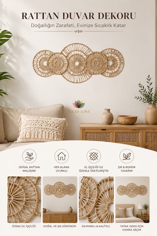 Rattan Duvar Dekoru 68x38 Cm Bohem Doğal Görünümlü El Yapımı Dekoratif Duvar Süsü 1
