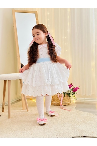 Beyaz Mavi Kemerli Vintage Elbise, Özel Dikim Çocuk Elbisesi, Doğum Günü Elbisesi,0-12 Yaşa Uygun Beyaz