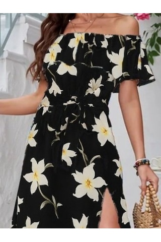 Kadın Kısa Kollu Madonna Yaka Fırfırlı Belden Yırtmaçlı Maksi Örme Krep Elbise Siyah