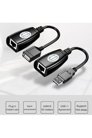 Usb Extrender, 50 Metre Rj45, Usb Uzatma Kablosu, Cat5 Cat6 Uyumlu,