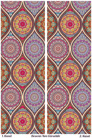 Renkli Mandala Desenli Süet Oturma Odası Salon Fon Perde Baskılı Ekstrafor Büzgü 2 Kanat Prd-1102 Çok Renkli