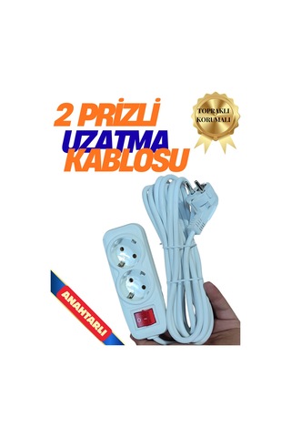 2 Prizli Grup Priz - 5 Metre Fiş Çoğaltıcı Topraklı Anahtarlı Düğmeli Çoklu Kablolu Uzatma Piriz Beyaz 4 - 5 M