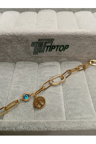 Tiptop/ Gold Renk Zincir Model Zirkon Taşlı Hayat Ağacı Ve Nazar Borcuklu Bileklik Gold
