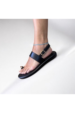 Ne&ve Shoes Siyah Hakiki Deri Parmak Arası Kadın Günlük Sandalet