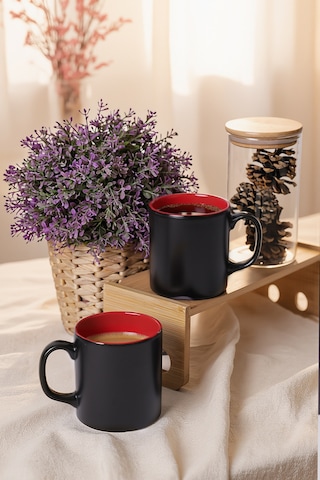 Keramika Mat Siyah / Kırmızı Silindir Kupa 10 Cm 2 Adet Kırmızı - Siyah