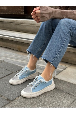 Erva'nın Butiği Kot Keten Jule Taş Bağcıklı Kadın Sneakers-5786